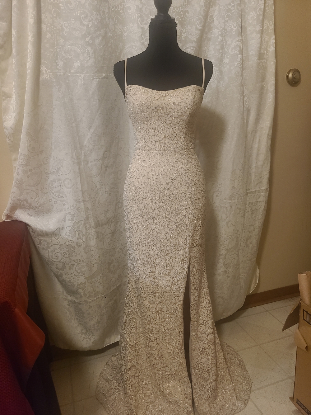 David's Bridal Ivory Lace Spaghetti-Strap Maxi Gown